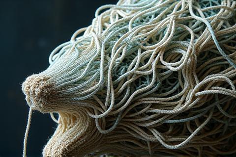 Sculpture textile abstraite évoquant des filets de pêche